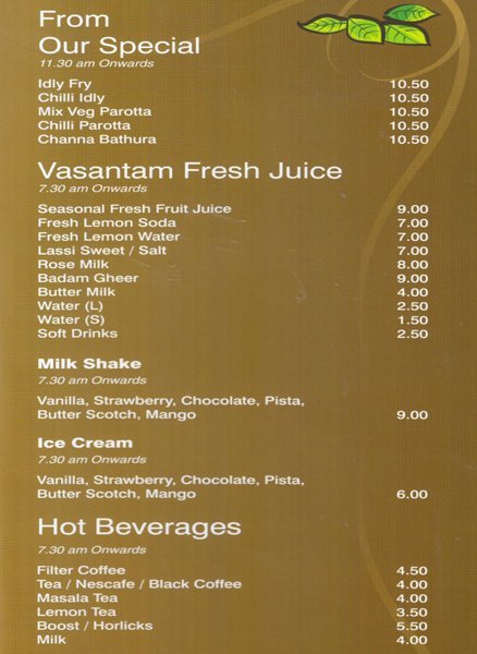 Vasanta Bhavan Restaurant Menu3